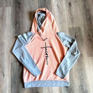Double layered hoodie, cursive faith, knitted coral & grey, zipper detail, large